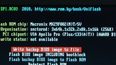 Picture of the PC monitor which says. Flash ROM chip: Macronix MX29F002(N)T/5V